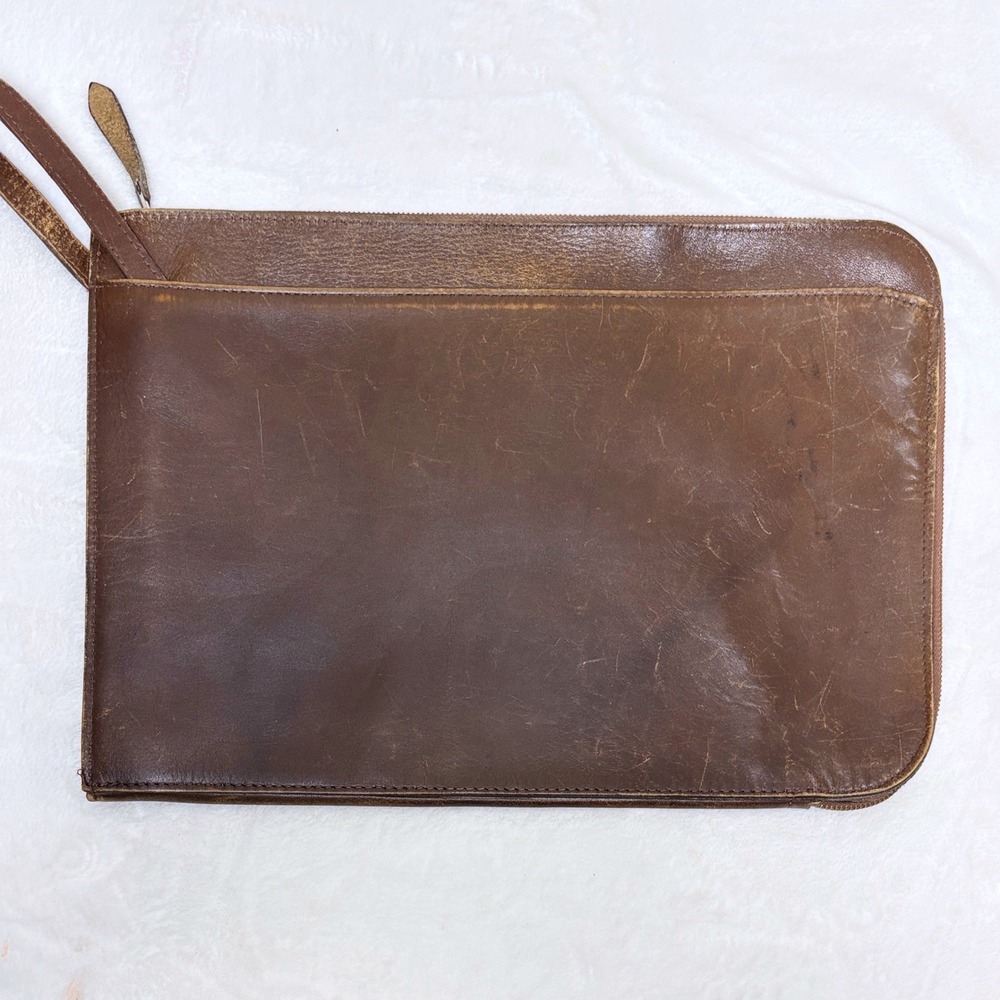 VTG Minimalist Distressed Brown Leather Zip Portfolio Tablet Folder Bag Academia